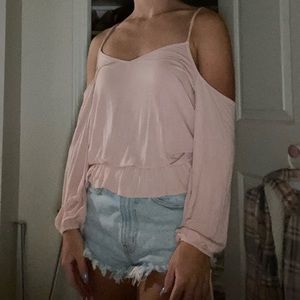 Light pink off the shoulder long sleeve shirt
